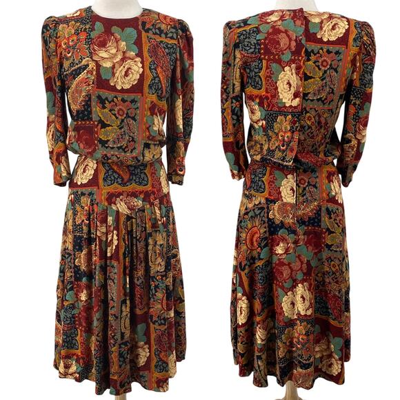 Vintage 80s Floral Paisley Patchwork Print Midi Dress Cinched Waist Blouson 8 - Picture 1 of 9